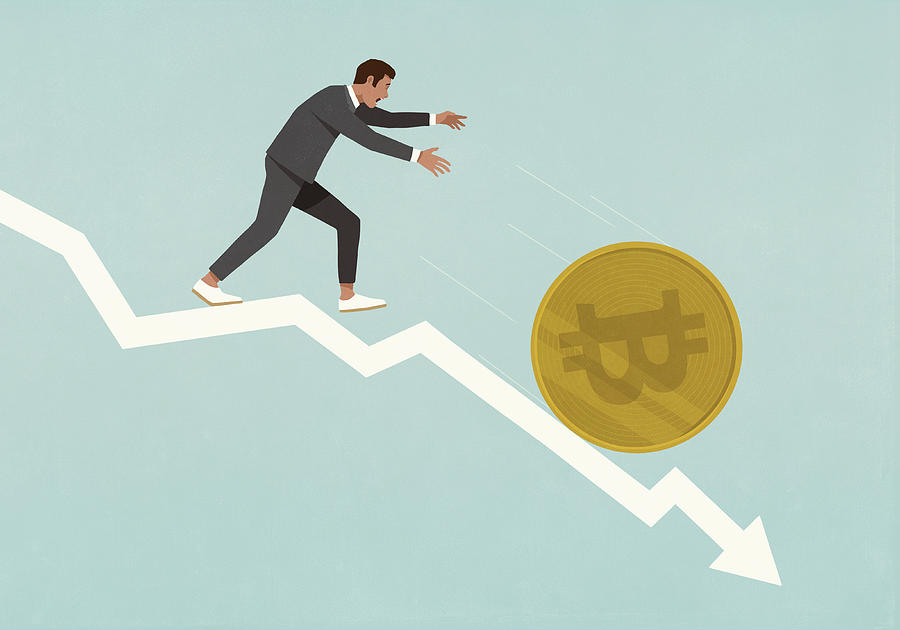 Businessman chasing Bitcoin falling down descending arrow Drawing by Malte Mueller