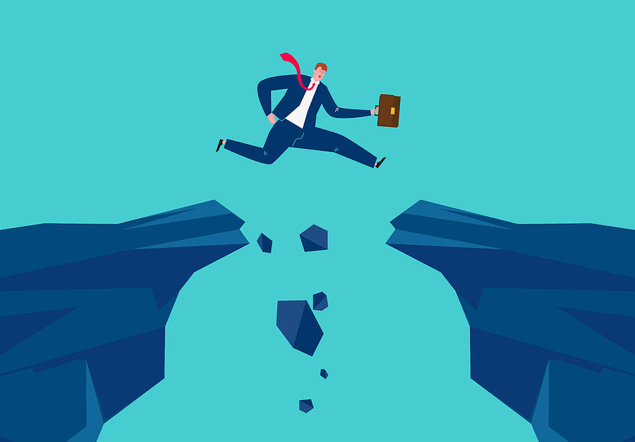 Businessman Jumping From One Rock To Another, Overcoming Difficulties, Challenges, Successful Business Concept Drawing by VectorInspiration