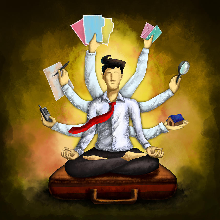 Businessman meditating while sitting in lotus position on briefcase with multiple hands holding various things over colored background depicting multi-tasking Drawing by Fanatic Studio
