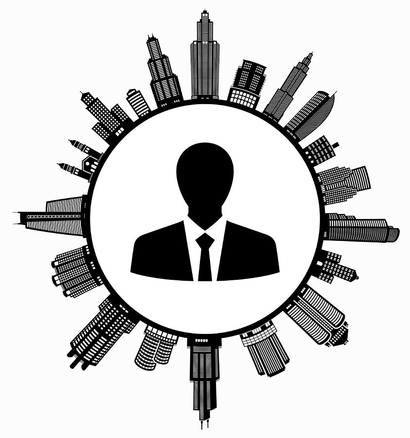 Businessman Profile  on Modern Cityscape Skyline Background Drawing by Bubaone