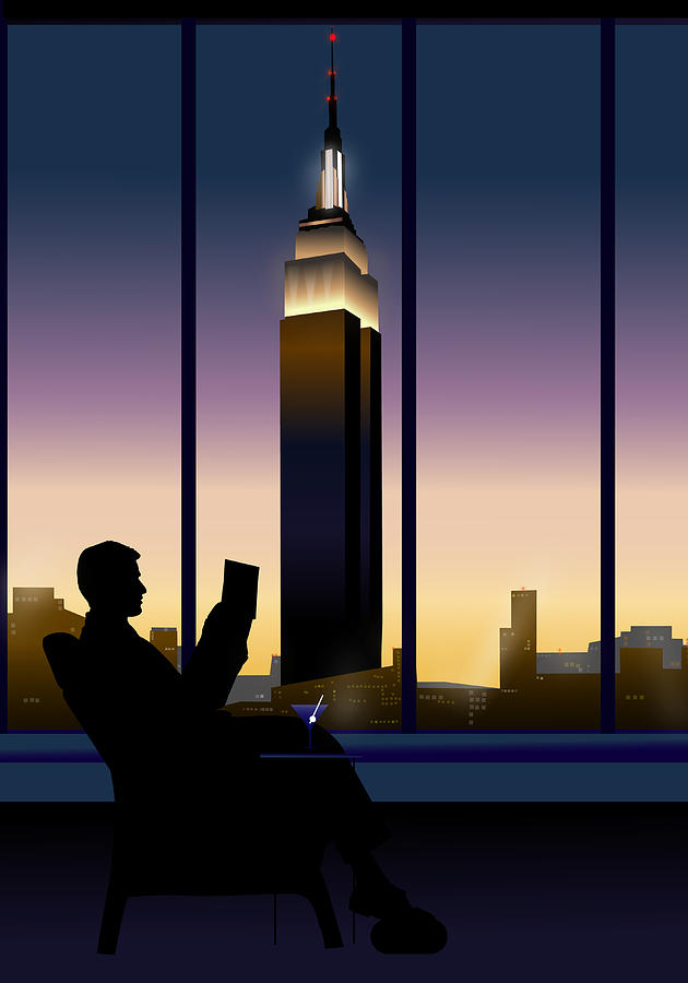 Businessman relaxing in chair, city skyline in background, dusk Drawing by Rupert King
