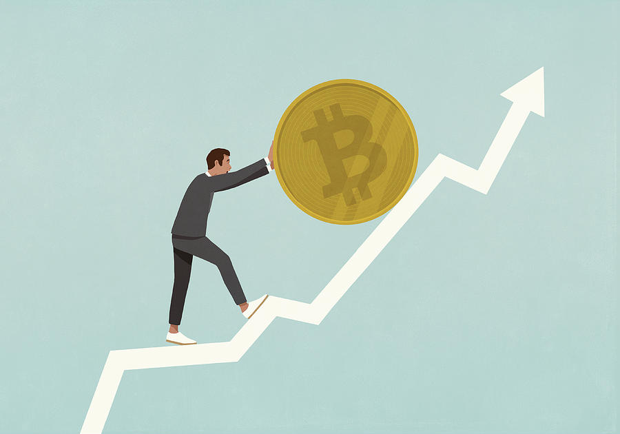 Businessman rolling Bitcoin up ascending data arrow Drawing by Malte Mueller