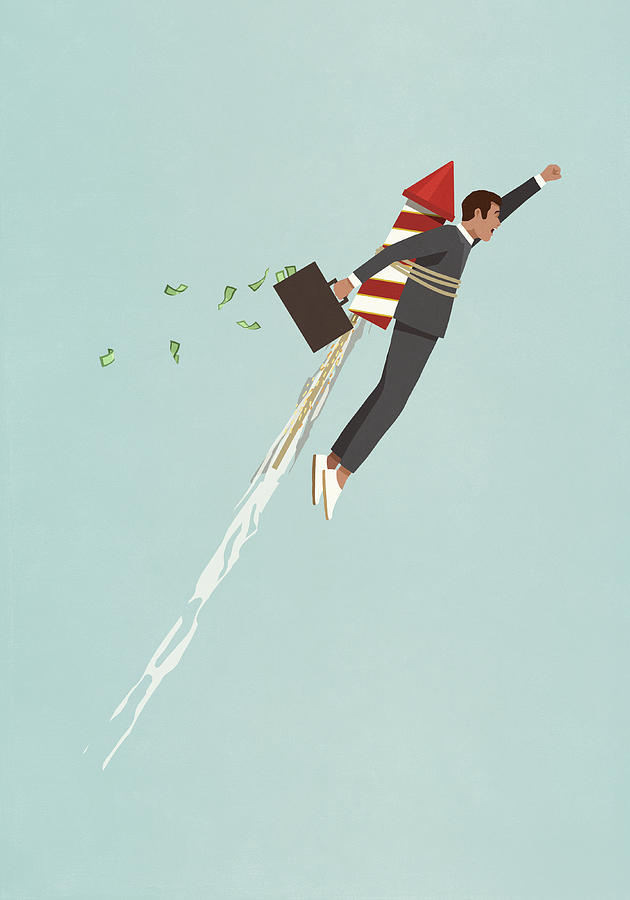 Businessman with rocket accelerating upwards Drawing by Malte Mueller
