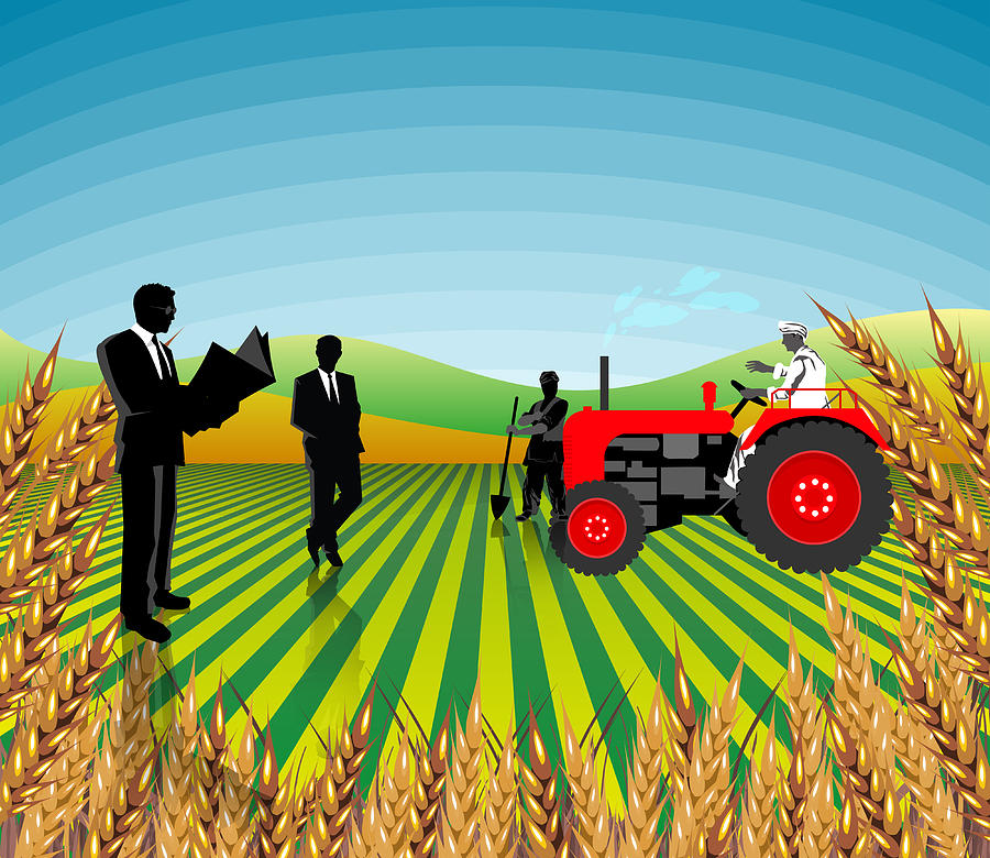 Businessmen and farmers in a field, India Drawing by Fanatic Studio