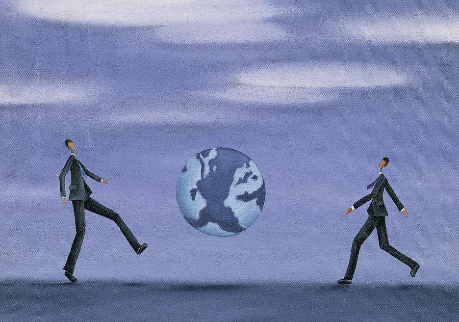 Businessmen Kicking the Earth Drawing by Mandy Pritty