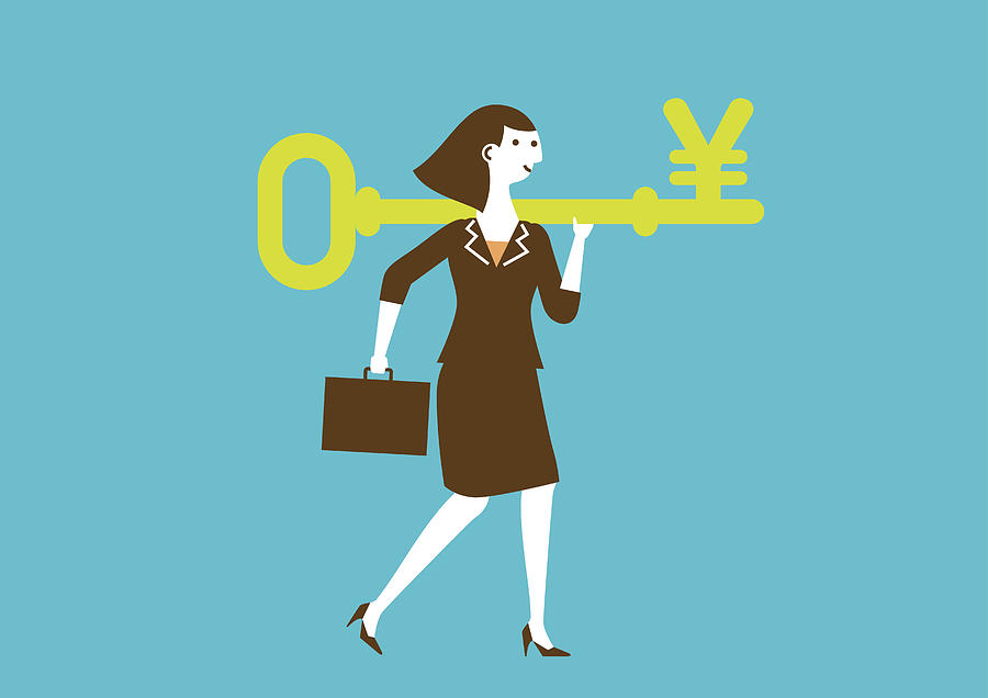 Businesswoman Carries a Key to Wealth (Yuan/Yen) | New Business Concept Drawing by Runeer