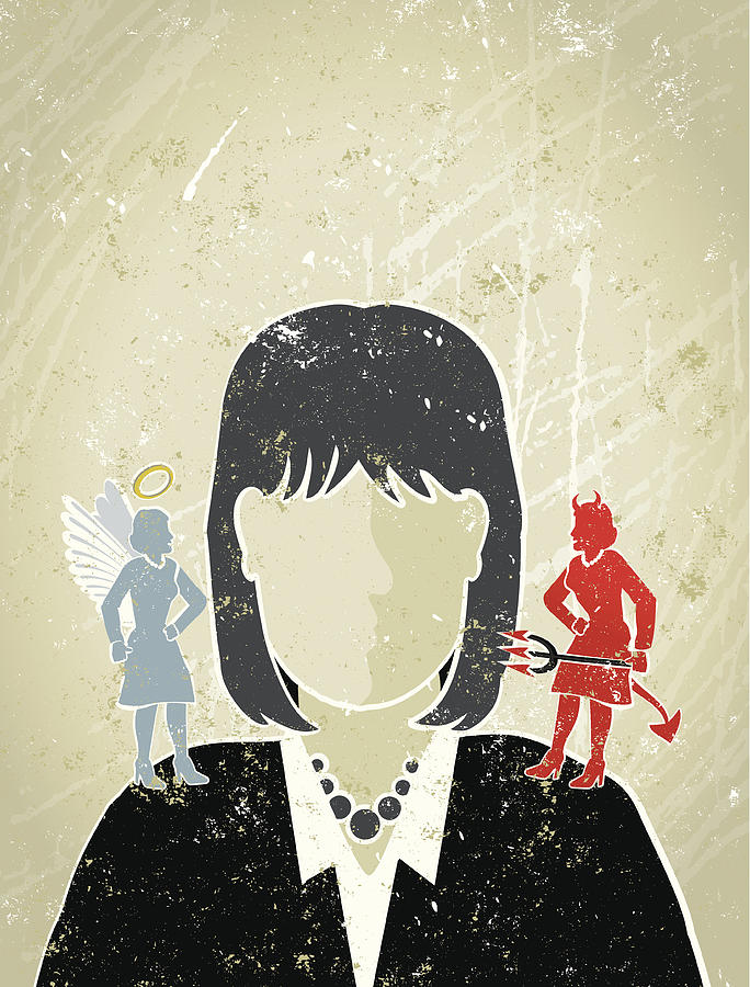 Businesswoman with Angel and Devil on Her Shoulders Drawing by Mhj