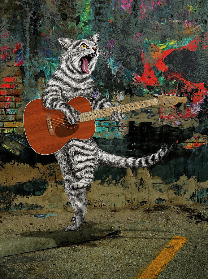 Buskers the Acoustic Guitar Alley Cat Mixed Media by Doug LaRue