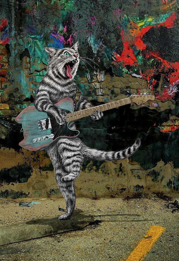 Buskers The Electric Guitar Cat Mixed Media
