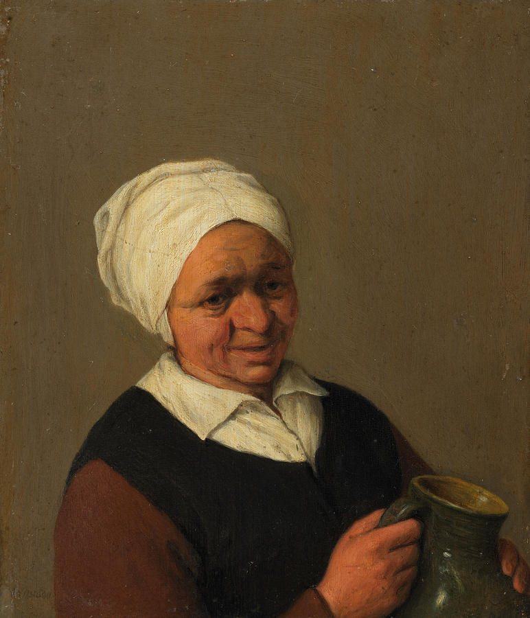 Bust of an Old Peasant Woman Holding a Jug Painting by Adriaen van Ostade