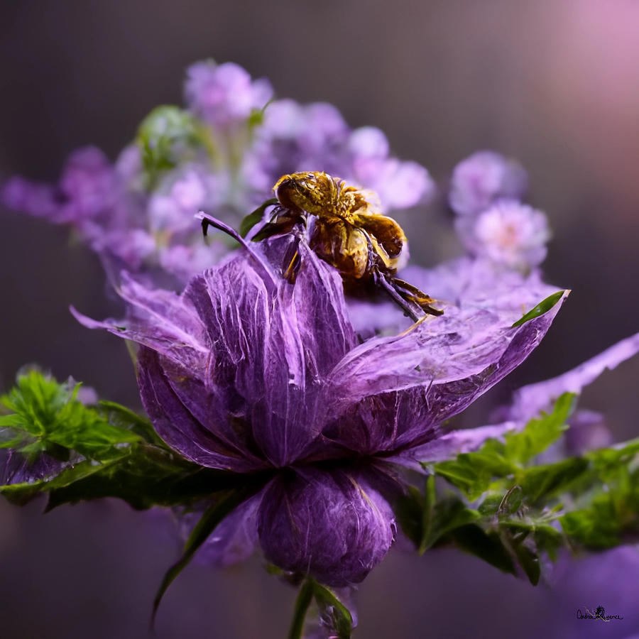 Busy Bee Purple Flower Digital Art by Andrea Lawrence
