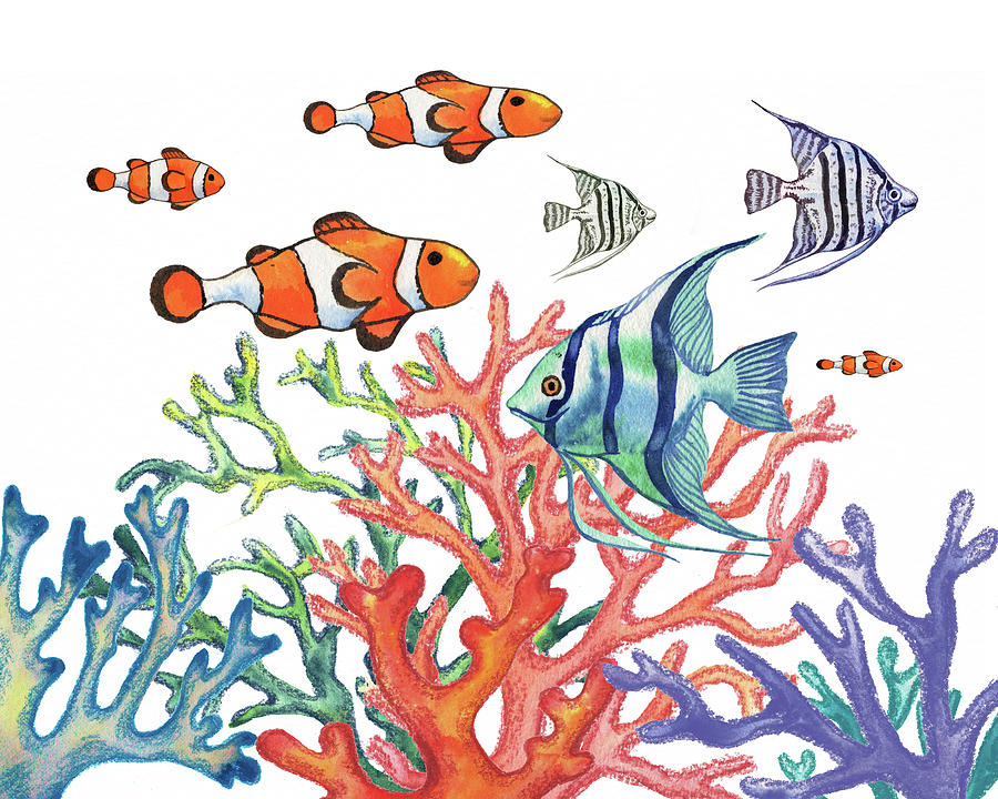 Busy Life Under The Sea Clownfish Angelfish Corals  Painting by Irina Sztukowski