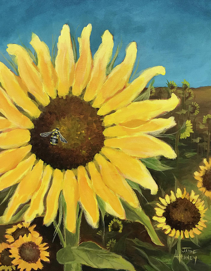 Busy Sunny Days - Sunflower painting with honeybee Painting by Jaime Haney