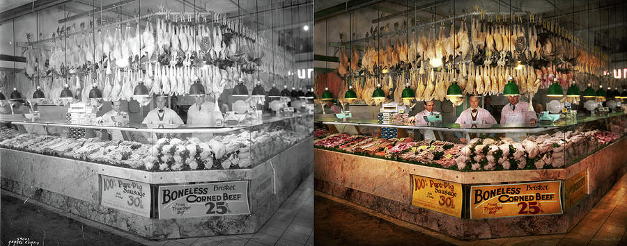 Butcher - Hooked on chicken 1931 - Side by Side Photograph by Mike Savad