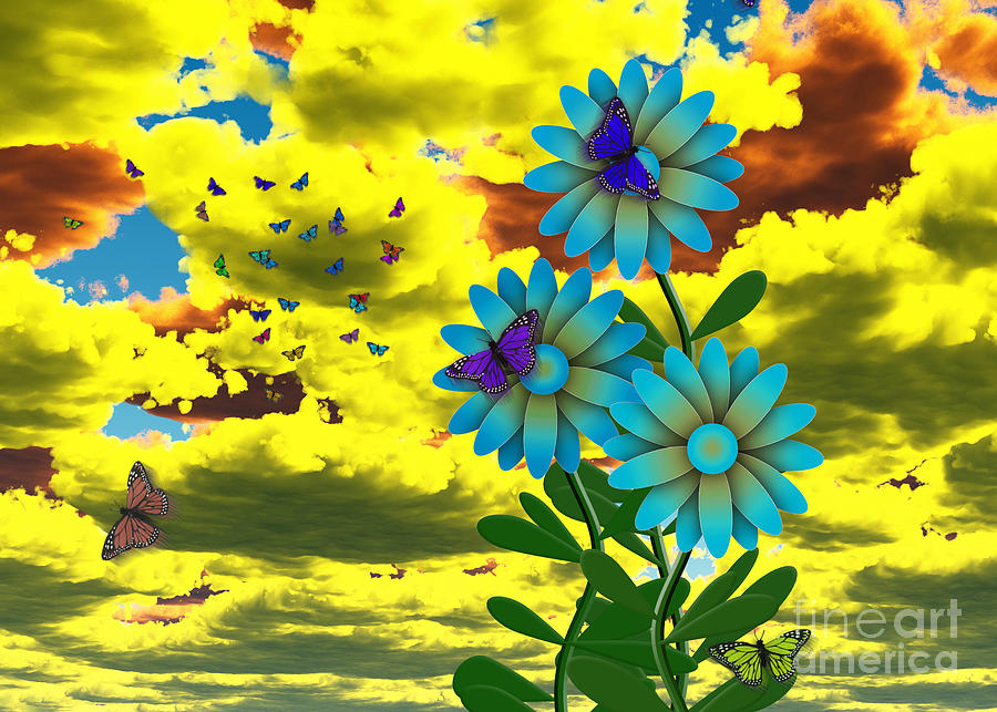 Butterflies and blue daisies Digital Art by Bruce Rolff