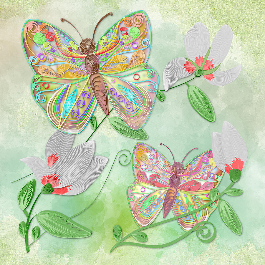 Butterflies And Magnolia Blossoms - Recreation Digital Art