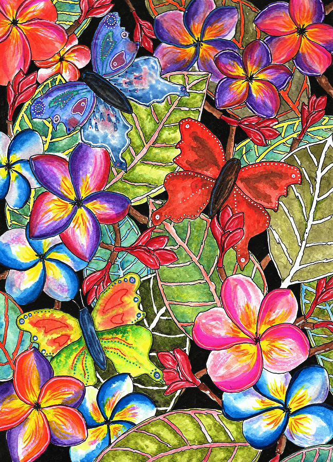 Butterflies and Plumeria Painting by Gemma Reece-Holloway