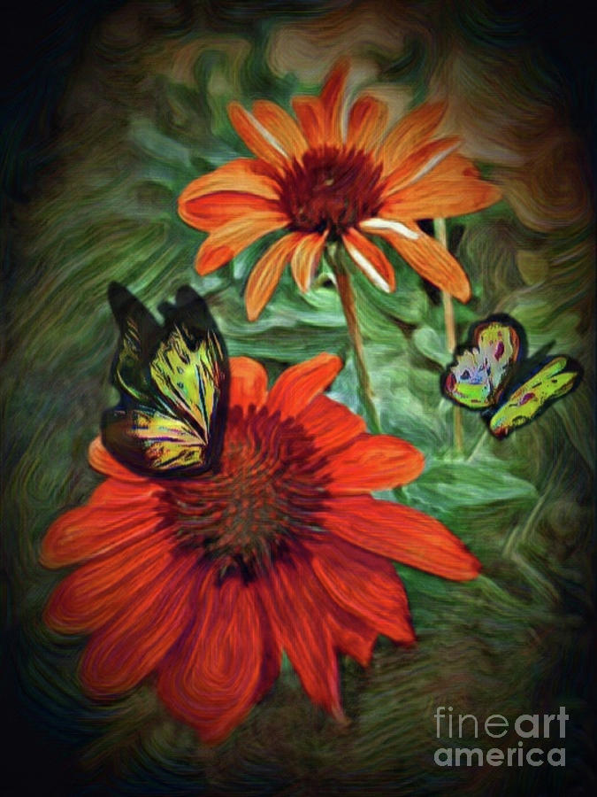Flower Digital Art - Butterflies and Red Cone Flowers by Antonia Surich