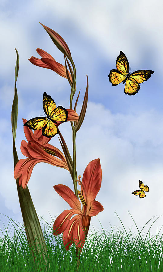 Butterflies In The Garden Pane 3 Round Seeded Cornflag Flower Digital Art by David Dehner