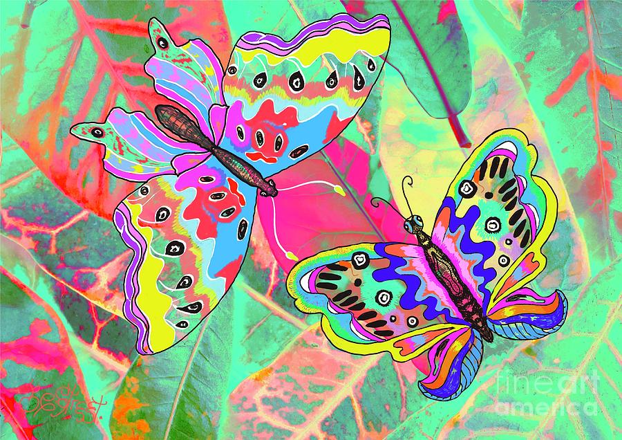 Butterflies On Croton Leaves Digital Art