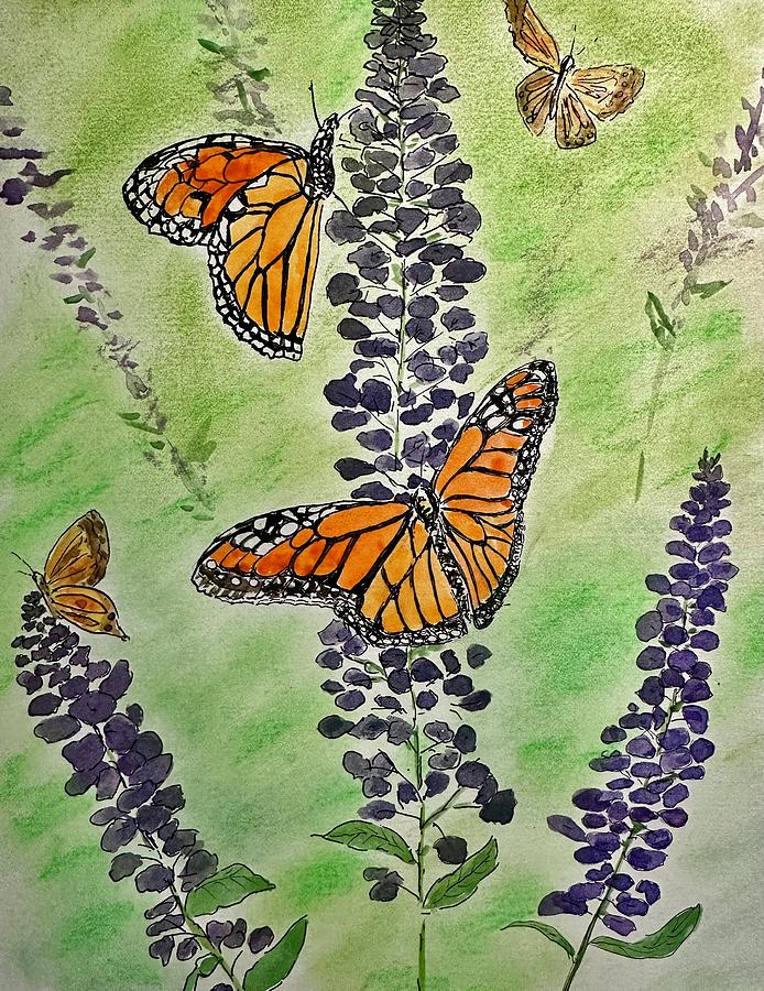 Butterflies on the Graden Lavender Painting by Denise Van Deroef