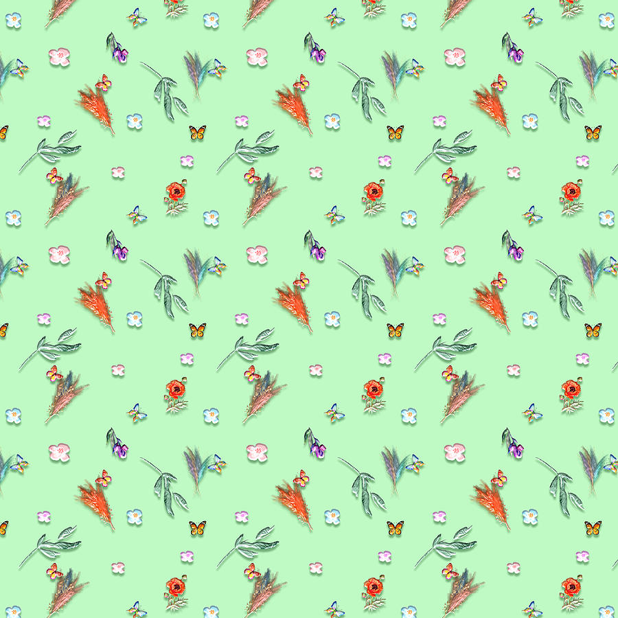 Butterflies, Pampas Grass and Flowers Pattern on Green Digital Art by ...