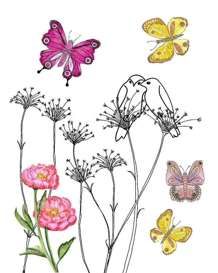 Butterflies,Birds and Flowers Painting by Blenda Studio