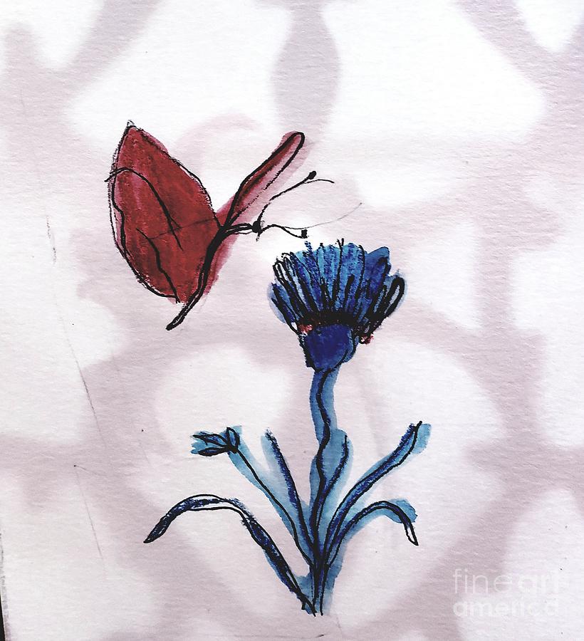 Butterfly and Blue Flower Painting by Margaret Welsh Willowsilk