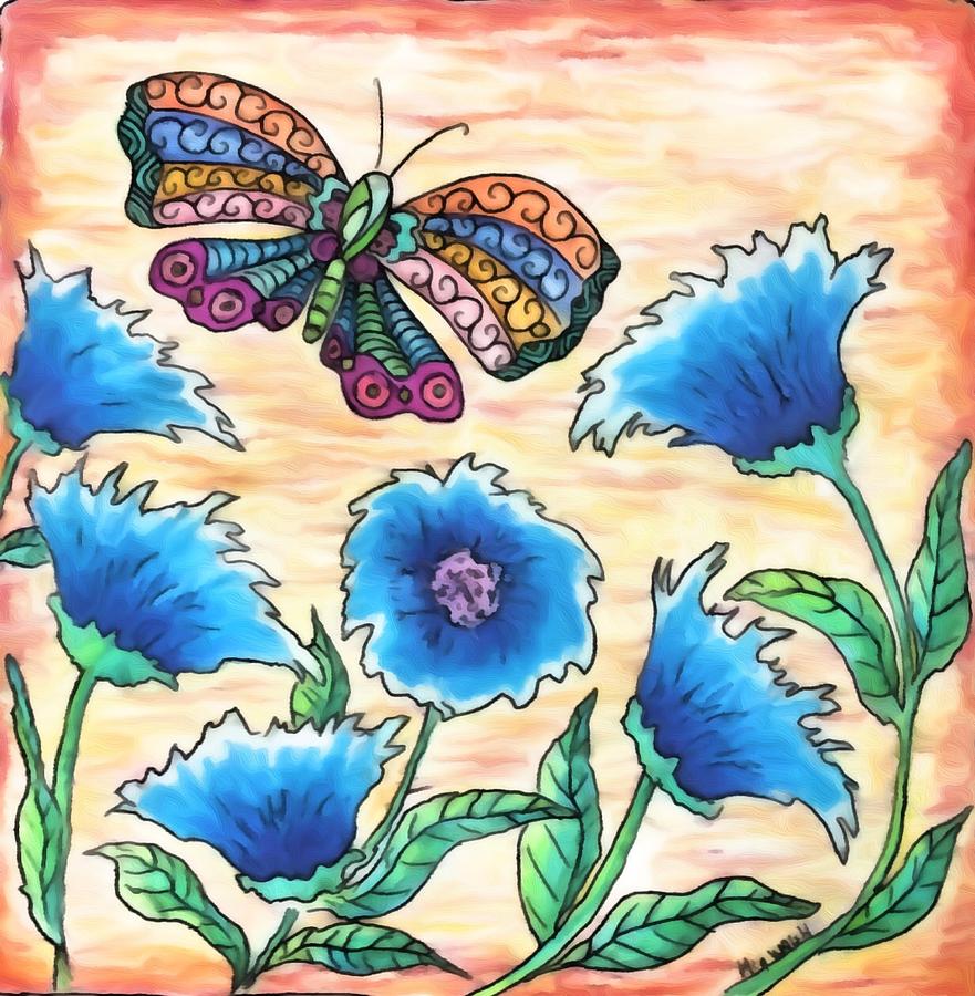 Butterfly and Blue Flowers Mixed Media by Megan Walsh