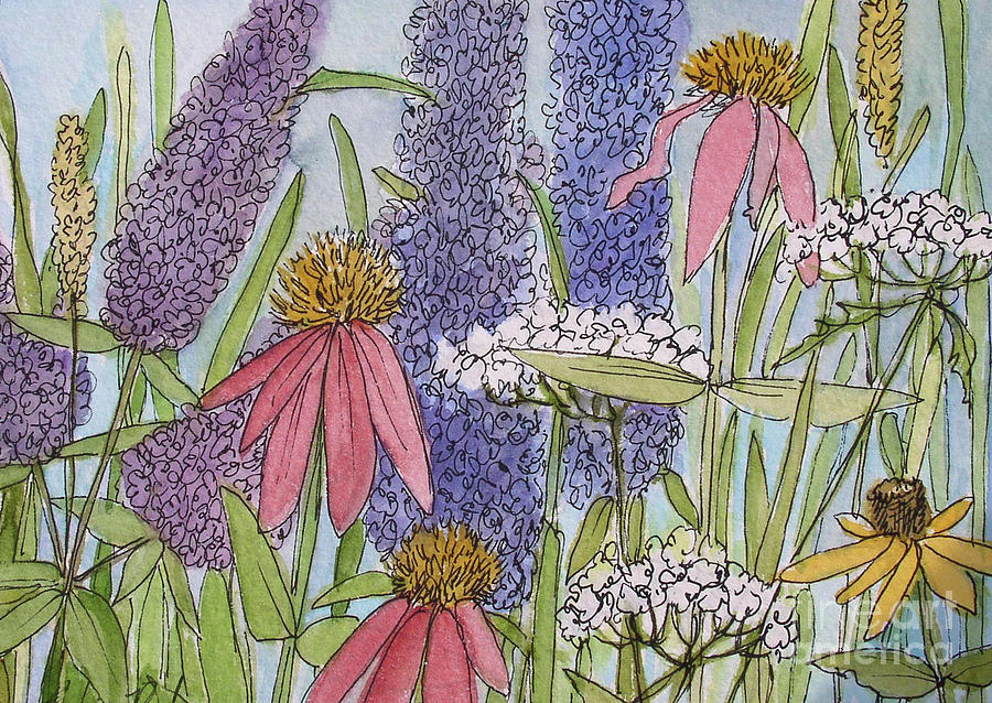 Butterfly Bush and Coneflowers Painting by Laurie Rohner