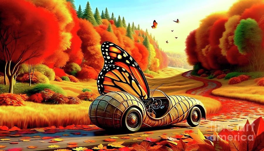 Butterfly Driving a Cocoon Car through an Autumn Landscape Digital Art by Rose Santuci-Sofranko