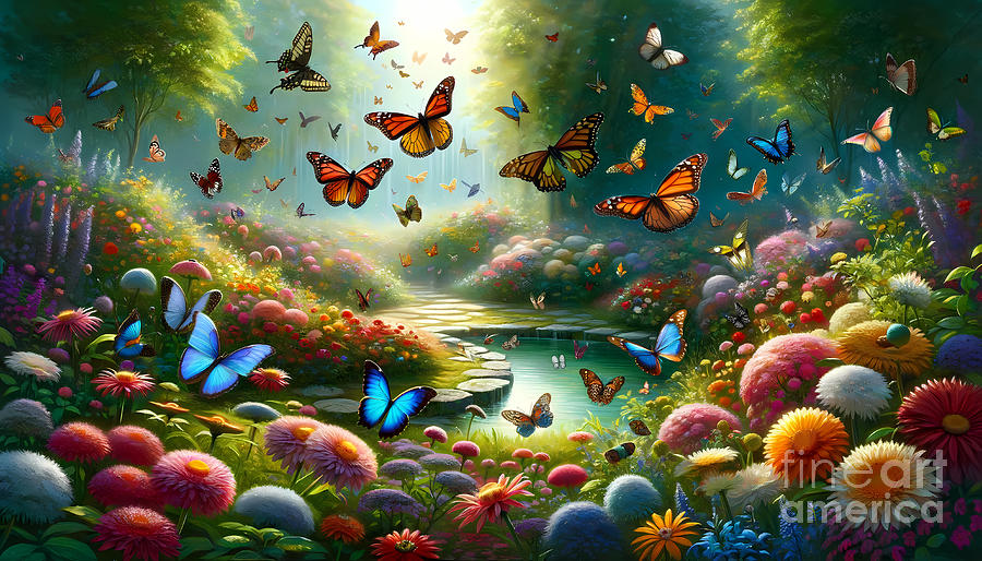 Butterfly Digital Art - Butterfly Garden, A lush garden filled with various species of butterflies and flowers by Jeff Creation