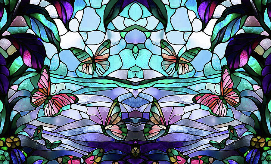 Butterfly Garden Faux Stained Glass Panel Mixed Media by Shelli Fitzpatrick