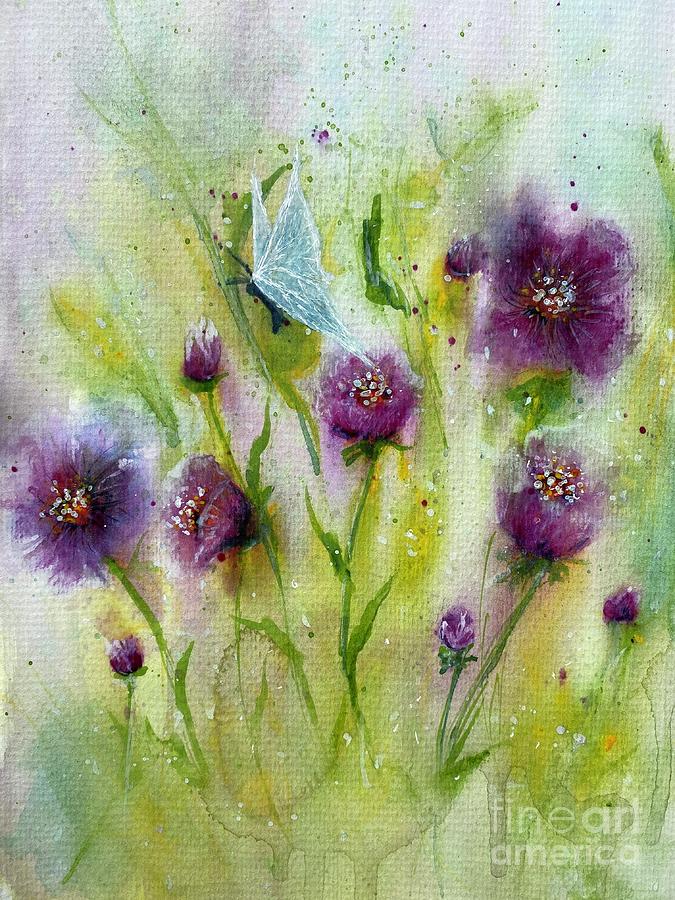 Butterfly in a flower field  Painting by Sharron Knight