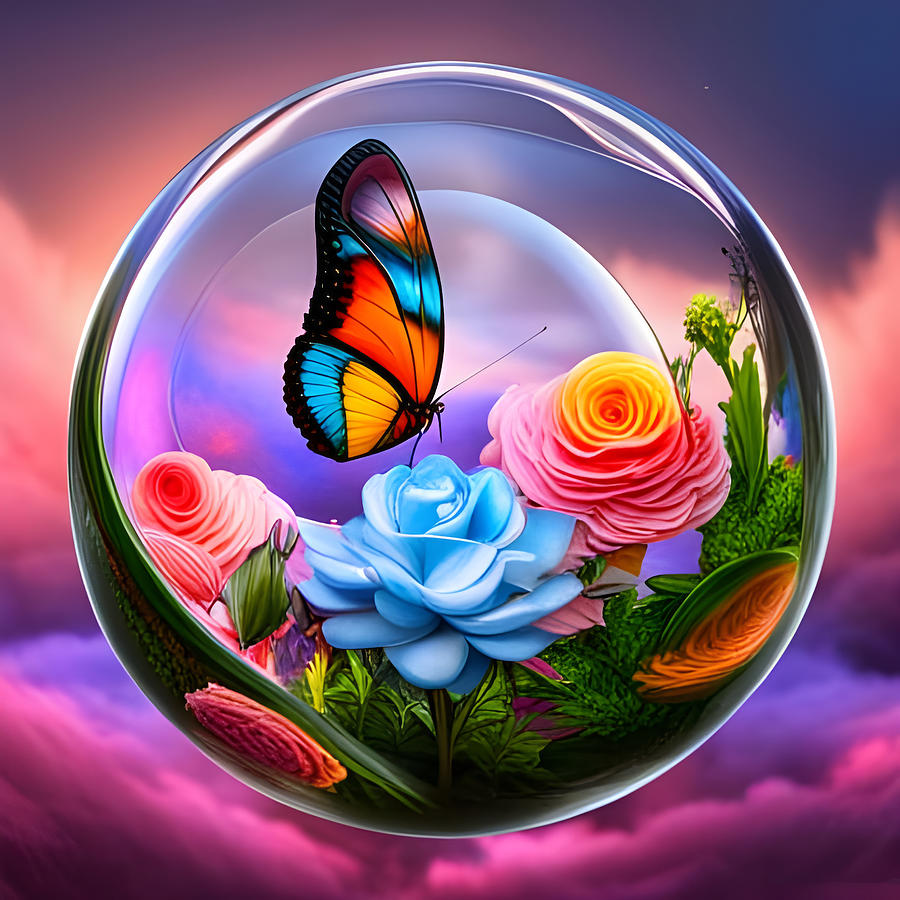 Butterfly In Glass Globe With Roses Digital Art