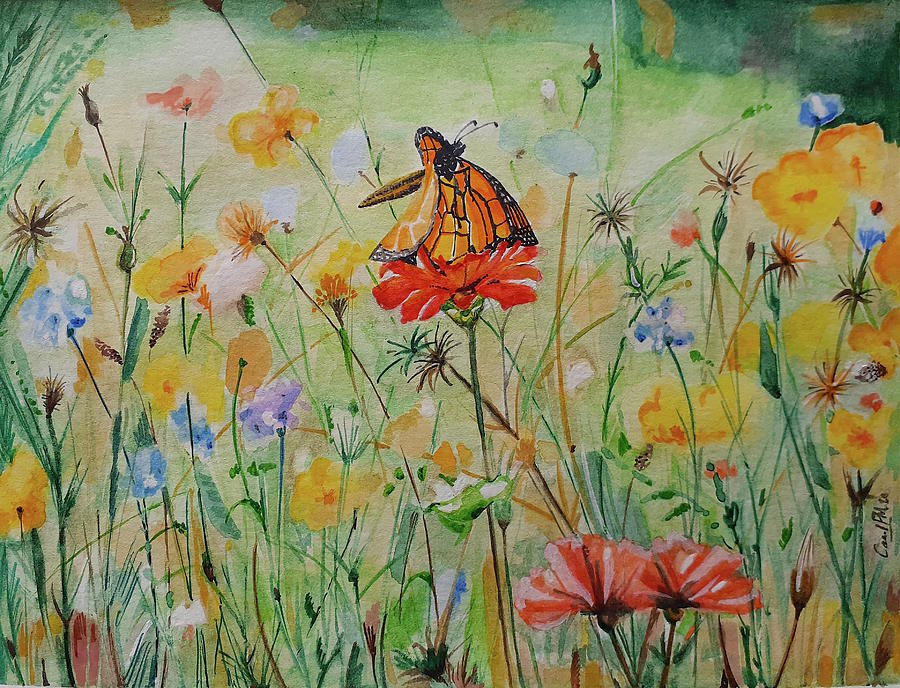 Butterfly in the flowers Painting by Carolina Prieto Moreno