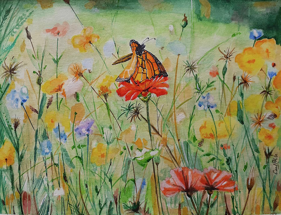 Wild flowers and butterfly Painting by Carolina Prieto Moreno