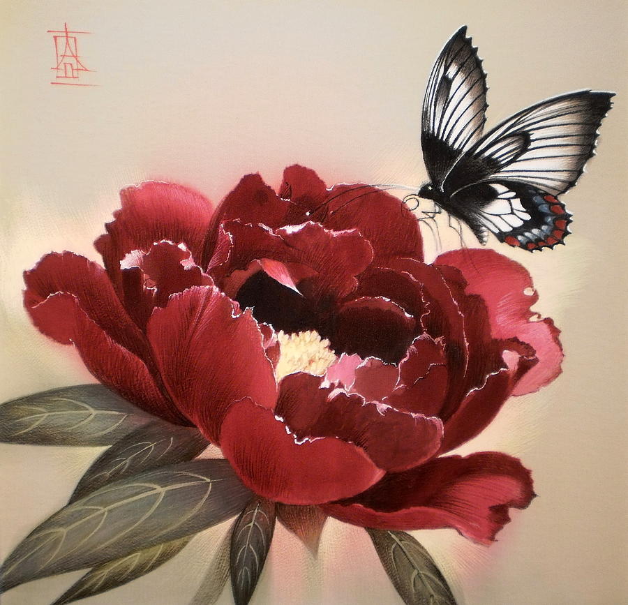 Butterfly Landing on Peony Flower Painting by Alina Oseeva