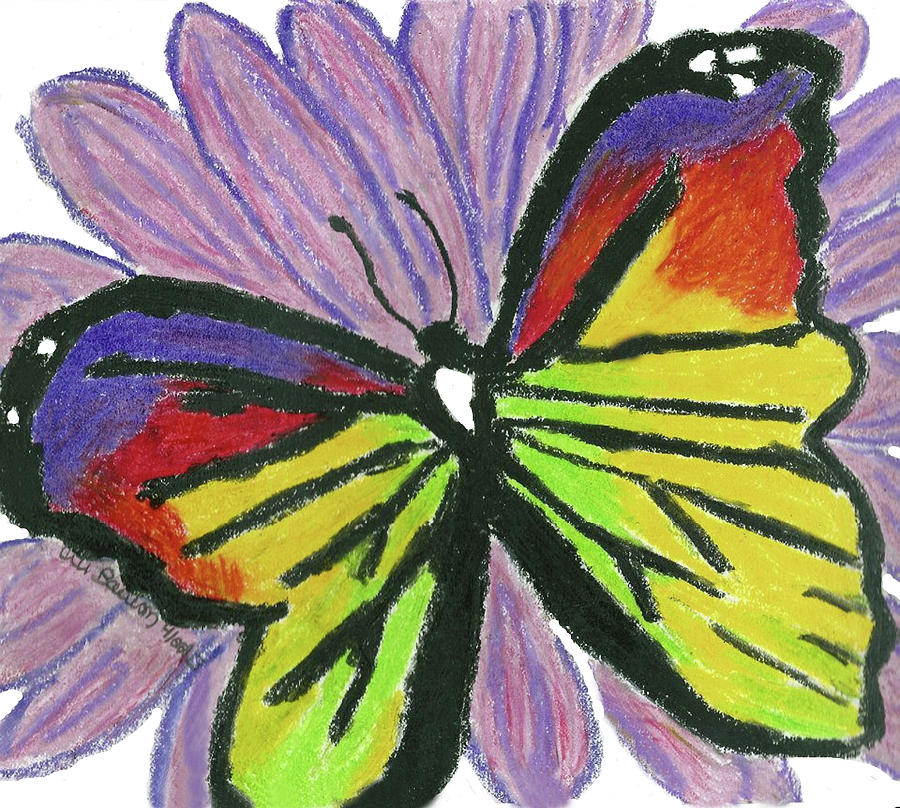 Butterfly on a Flower Oil Pastel Drawing, Flutterfly Pastel by Ali Baucom