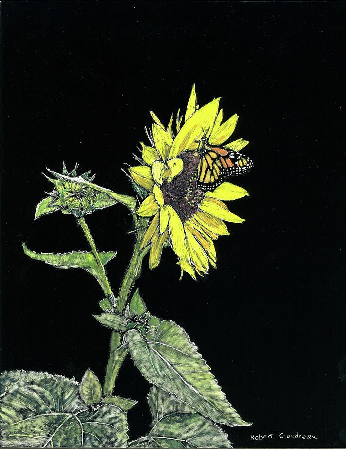 Butterfly on Sunflower Painting by Robert Goudreau