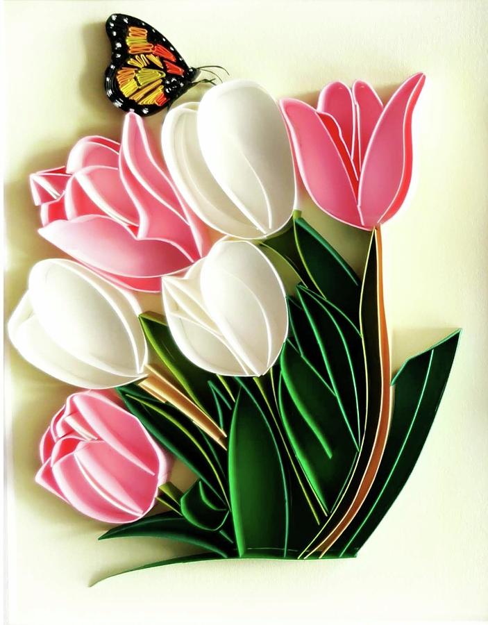 Tulip Mixed Media - Butterfly on Tulips - Paper art by Mrudula Tandel