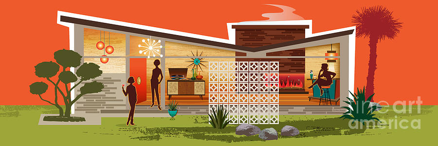 Butterfly Roof Mid-Century Modern House Female Couple Panorama Digital Art by Diane Dempsey