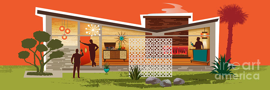 Butterfly Roof Mid-Century Modern House Male Couple Panorama Digital Art by Diane Dempsey