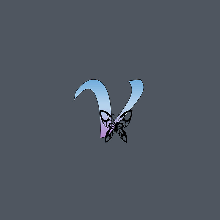 Butterfly Silhouette on Monogram Lower Case v Gradient Blue Purple Digital Art by Ali Baucom