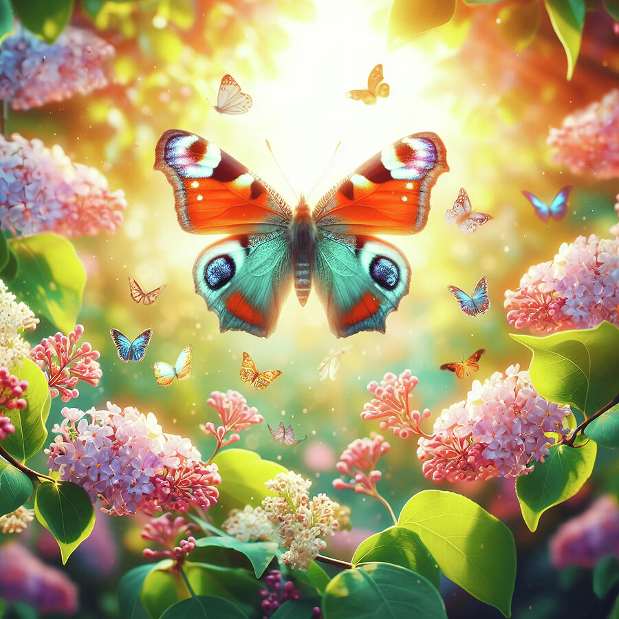 Butterfly with spread wings flying  above a blooming garden Photograph by Michalakis Ppalis