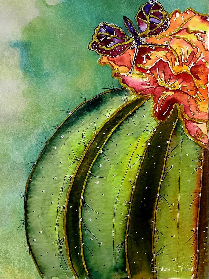 Butterflys Cactus Flower Painting by Barbara Chichester