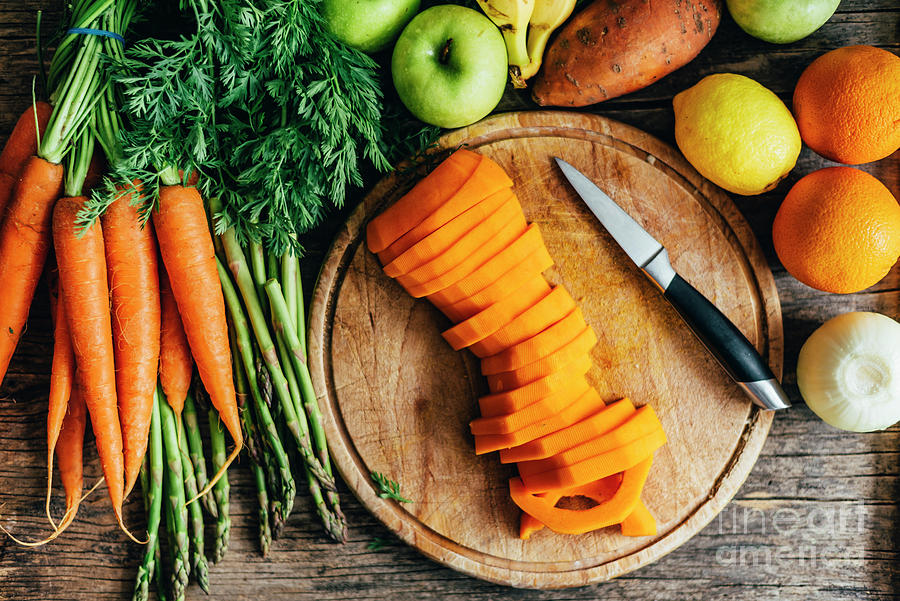 Fruit Photograph - Butternut squash, carrots, sweet potato, oranges, apples, carrot by Jelena Jovanovic