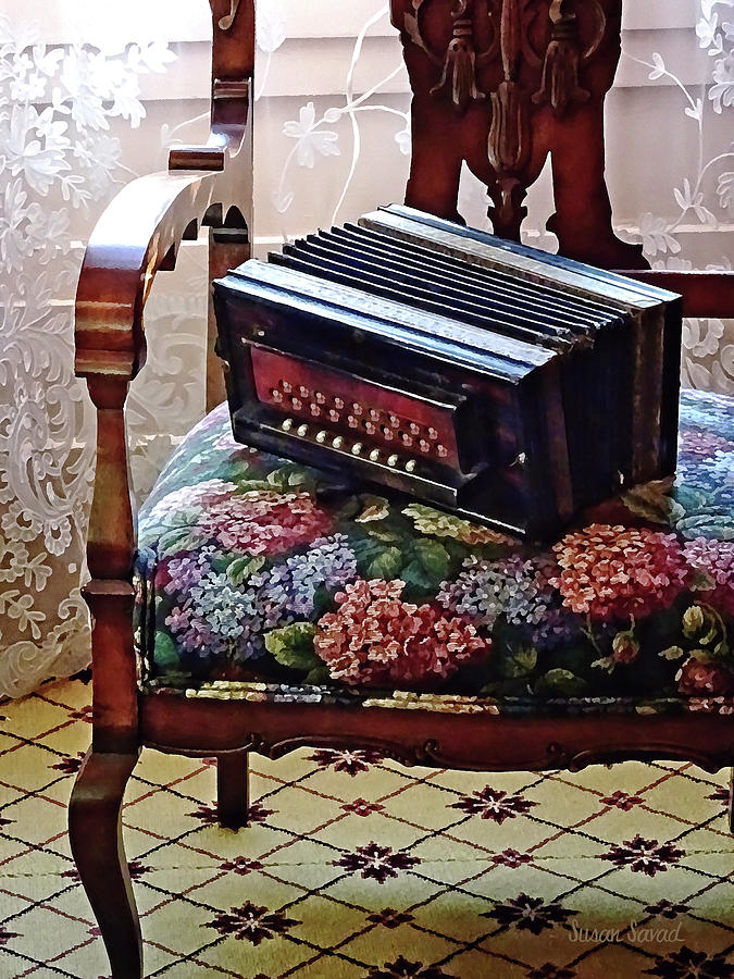 Music Photograph - Button Accordion on Chair With Flowered Seat by Susan Savad