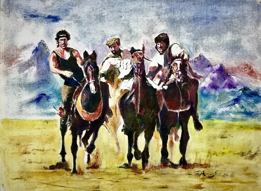 Buzkash players Painting by Khalid Saeed