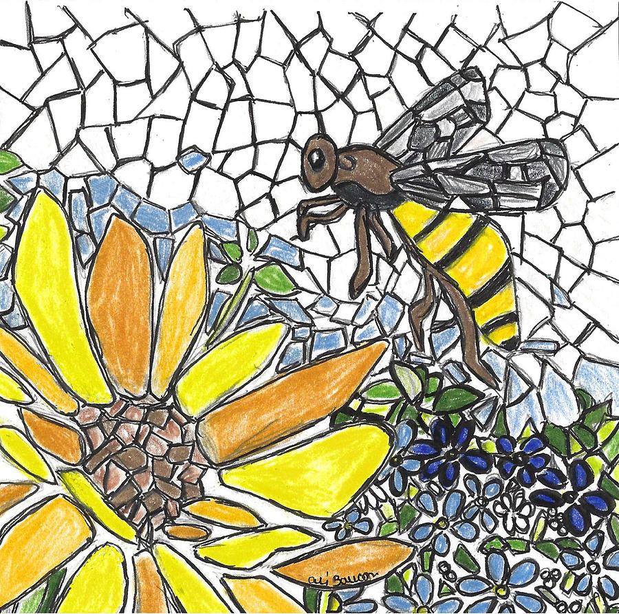 Buzzing About a Bee Flying above a Yellow Flower Mosaic Style Drawing by Ali Baucom